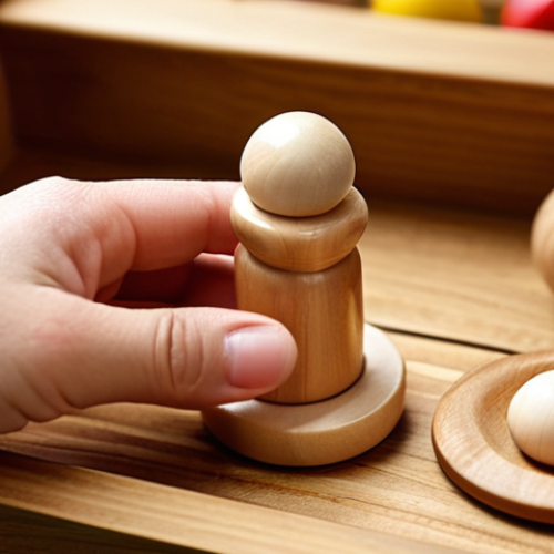 Home 11 **
A close-up shot focusing on a mother's hands carefully examining a wooden toy. The toy should be brightly colored but made from natural wood, showcasing smooth, rounded edges and no small, detachable parts. The background should be softly blurred, suggesting a toy store or child's room. Emphasis on the safe material and design.
**
