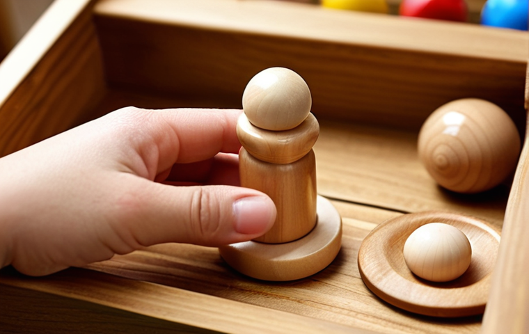 **
A close-up shot focusing on a mother's hands carefully examining a wooden toy. The toy should be brightly colored but made from natural wood, showcasing smooth, rounded edges and no small, detachable parts. The background should be softly blurred, suggesting a toy store or child's room. Emphasis on the safe material and design.
**