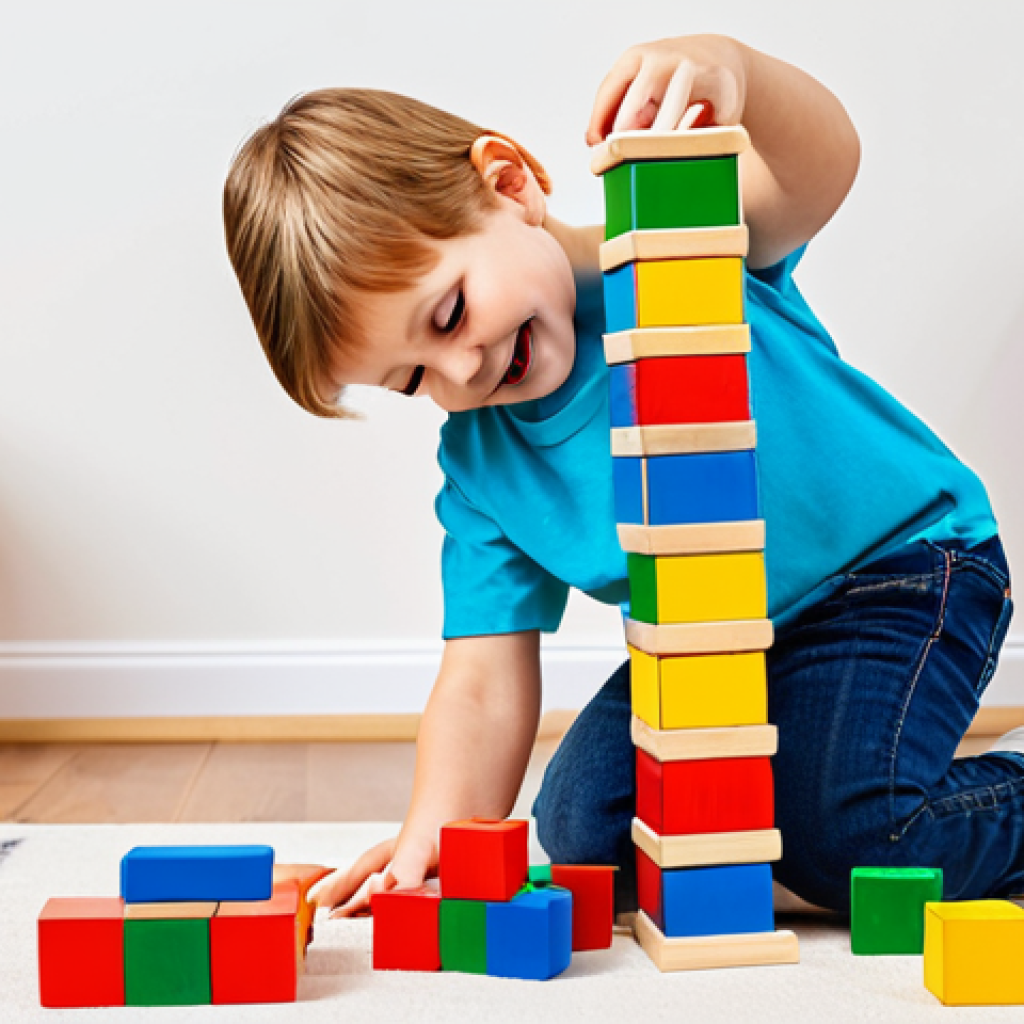 교육완구에 대한 부모들의 리뷰 분석 - "A child happily building a tall tower with colorful wooden blocks in a brightly lit playroom, fully...