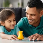 토도매스 개발자 스토리 - A heartwarming scene featuring a diverse family. A kind-faced mother and father, both appearing to b...