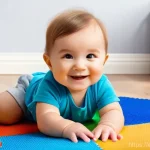 학습지도 교구와 교육완구의 차이점 - A smiling toddler, around 1-2 years old, wearing a clean, colorful romper, is happily playing on a s...