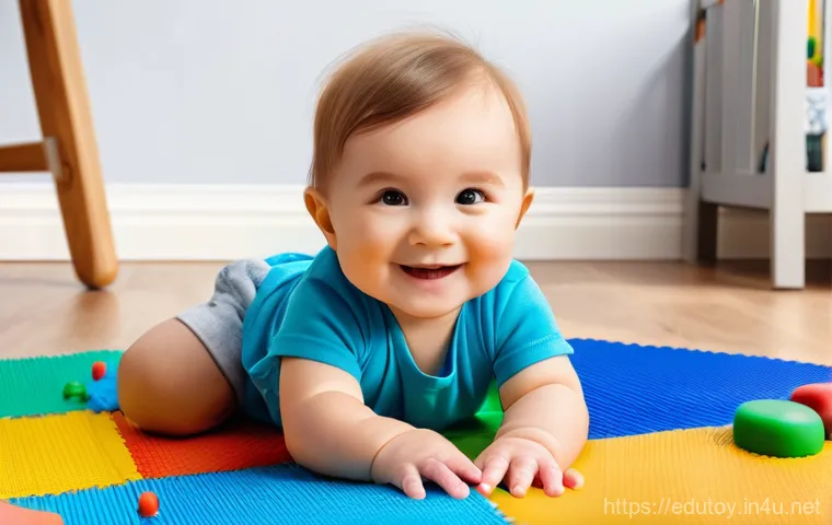 학습지도 교구와 교육완구의 차이점 - A smiling toddler, around 1-2 years old, wearing a clean, colorful romper, is happily playing on a s...