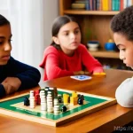 유명 보드게임의 교육적 효과 - A group of diverse children, aged 8-12, intensely focused around a wooden table, deeply immersed in ...
