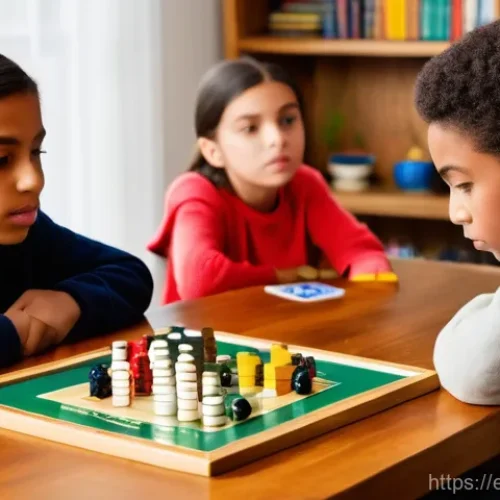 유명 보드게임의 교육적 효과 - A group of diverse children, aged 8-12, intensely focused around a wooden table, deeply immersed in ...