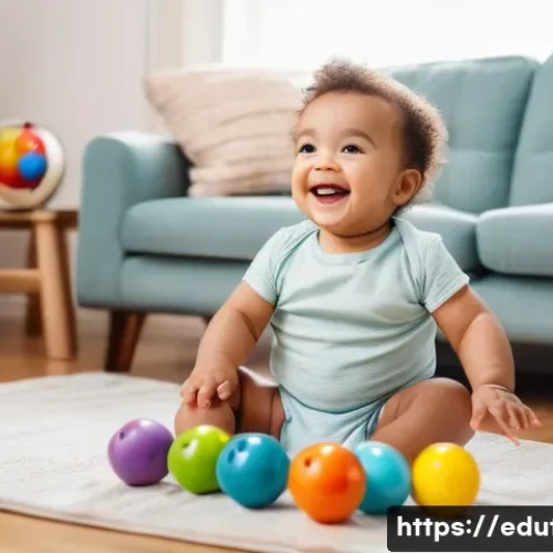 완구 대여 서비스의 장단점 - A joyful toddler wearing a diaper playing with a variety of colorful educational toys at home, inclu...
