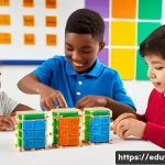 코딩블록 키트 작동 원리 - A colorful educational scene featuring children assembling a modular coding block kit on a bright ta...