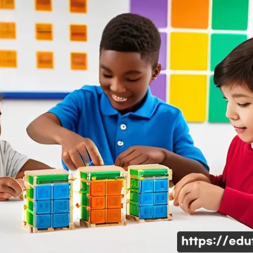 코딩블록 키트 작동 원리 - A colorful educational scene featuring children assembling a modular coding block kit on a bright ta...