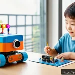 DIY 교육완구 키트 제작 방법 - A cheerful child aged 6-8 enthusiastically assembling a colorful robot kit made of plastic and elect...