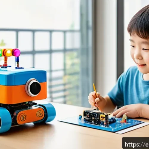 DIY 교육완구 키트 제작 방법 - A cheerful child aged 6-8 enthusiastically assembling a colorful robot kit made of plastic and elect...