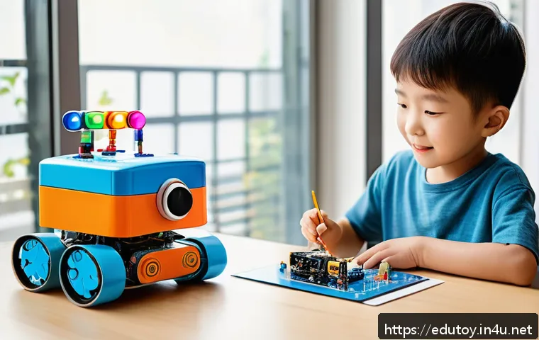 DIY 교육완구 키트 제작 방법 - A cheerful child aged 6-8 enthusiastically assembling a colorful robot kit made of plastic and elect...