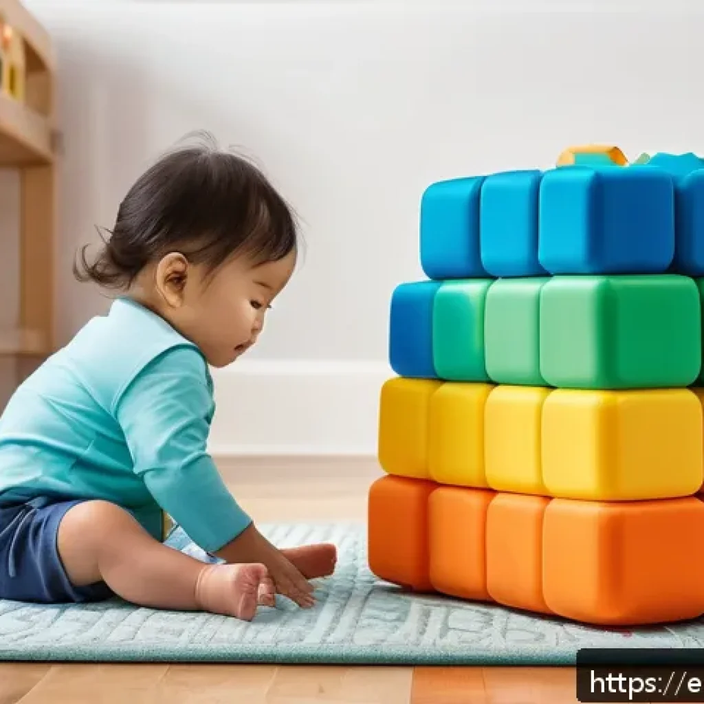 해외에서 인기 있는 교육완구 소개 - A cozy and vibrant playroom scene featuring a toddler wearing a diaper exploring a sensory integrati...