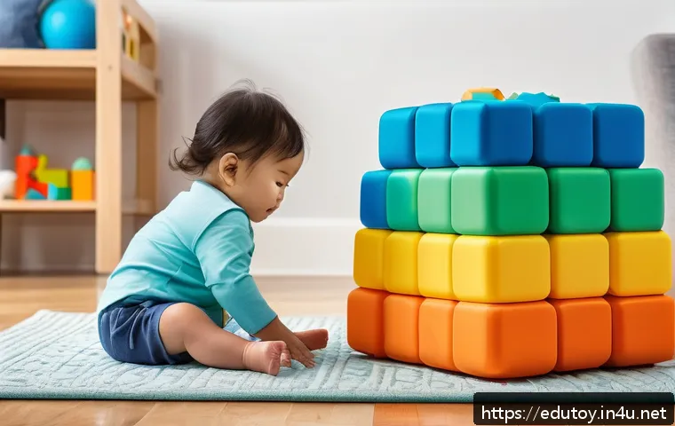 해외에서 인기 있는 교육완구 소개 - A cozy and vibrant playroom scene featuring a toddler wearing a diaper exploring a sensory integrati...
