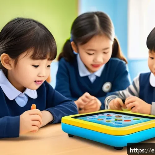 AI 기반 교육완구의 발전 가능성 - A vibrant classroom scene featuring diverse young children engaged with AI educational toys that ada...