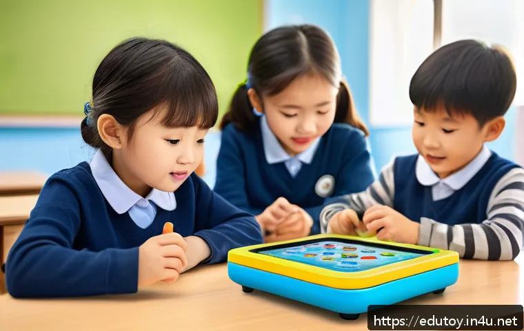 AI 기반 교육완구의 발전 가능성 - A vibrant classroom scene featuring diverse young children engaged with AI educational toys that ada...
