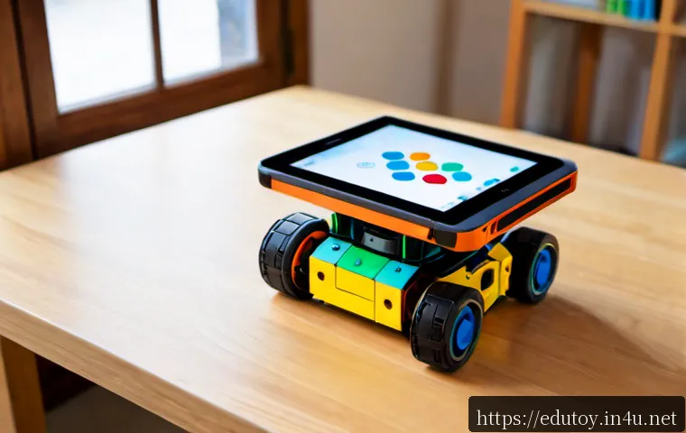 코딩 로봇 키트의 인기 요소 - Photorealistic close-up of a colorful modular coding robot kit on a clean wooden desk, small wheeled...