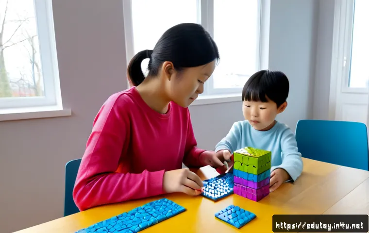 Home 17 교육완구의 최신 트렌드 - Photorealistic modern educational toy trend scene, a curious child and parent assembling colorful ma...