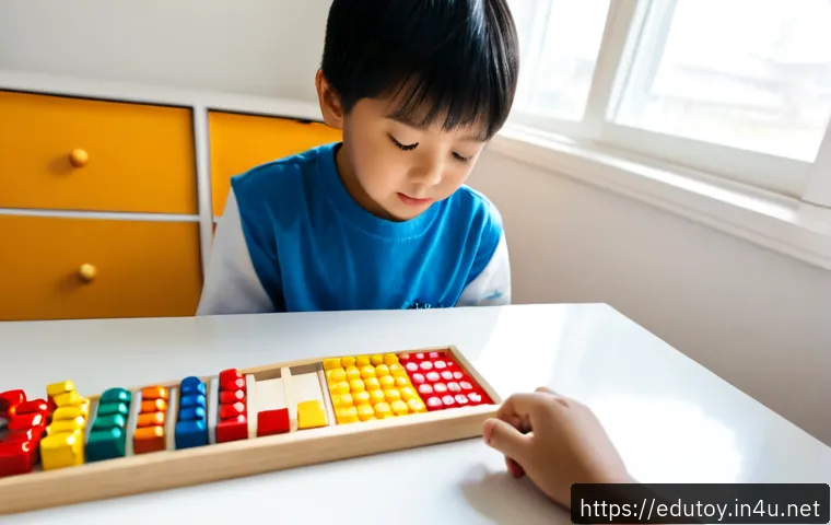 Home 17 수학 학습 보조 완구 추천 - Photorealistic bright home learning desk featuring a child’s hands using colorful wooden counting bl...